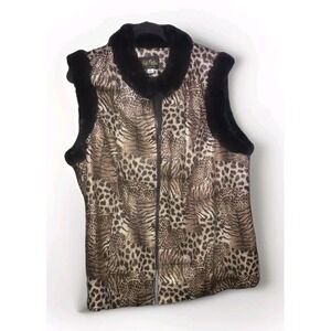 Bob Mackie Vest Zip Wearable Art Brown Safari Animal Print Black Faux Fur Trim